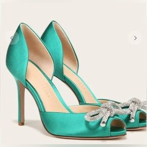 NWT VERONICA BEARD Emerald Satin Gadot Bow d’Orsay Pump